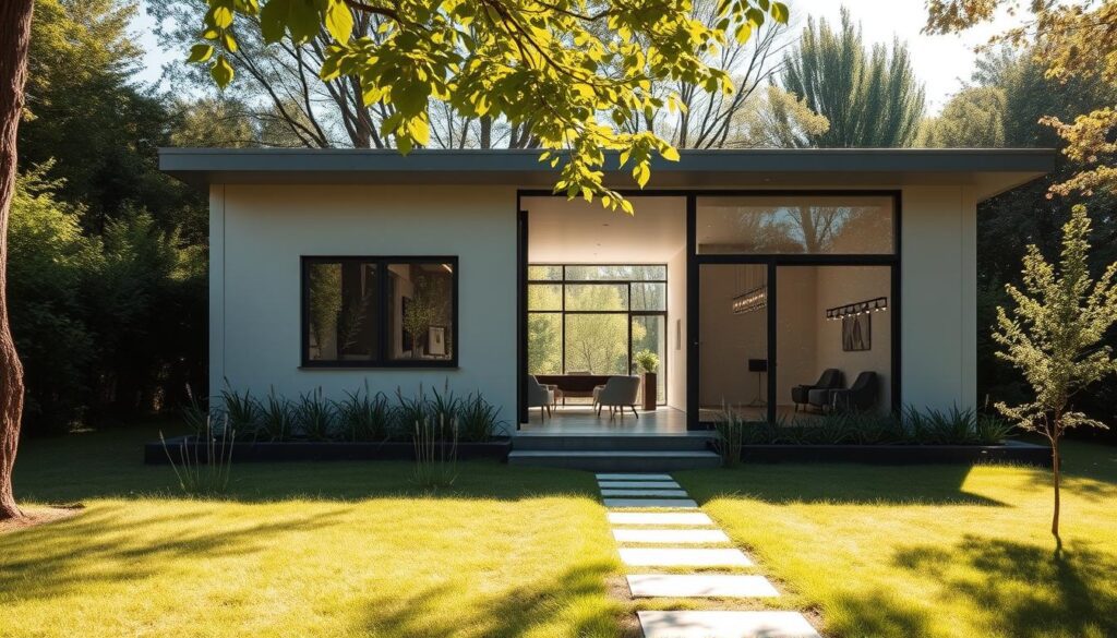 Uma casa moderna e pré-fabricada, aninhada em um ambiente tranquilo e ensolarado. A fachada clean e minimalista apresenta grandes janelas que inundam o interior com luz natural. O design modular da casa apresenta linhas geométricas elegantes e uma paleta de cores neutras que se integra perfeitamente ao ambiente verdejante e exuberante. Um caminho tranquilo leva à entrada, convidando à exploração dos espaços de convivência bem equipados e de conceito aberto. Sombras suaves e iluminação quente e difusa criam uma atmosfera de sofisticação confortável, refletindo a harmonia natural entre a estrutura e o ambiente natural. Uma casa moderna e pré-fabricada, aninhada em um ambiente tranquilo e ensolarado. A fachada clean e minimalista apresenta grandes janelas que inundam o interior com luz natural. O design modular da casa apresenta linhas geométricas elegantes e uma paleta de cores neutras que se integra perfeitamente ao ambiente verdejante e exuberante. Um caminho tranquilo leva à entrada, convidando à exploração dos espaços de convivência bem equipados e de conceito aberto. Sombras suaves e iluminação quente e difusa criam uma atmosfera de sofisticação confortável, refletindo a harmonia natural entre a estrutura e o ambiente natural.