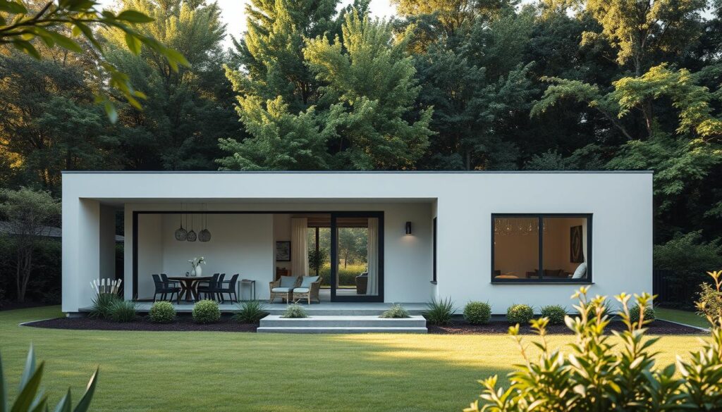 Uma casa pré-fabricada moderna com um design elegante e minimalista. A estrutura apresenta linhas retas, janelas amplas e uma fachada simples e contemporânea. A casa está situada em um cenário de vegetação exuberante e verdejante, com um jardim bem cuidado em primeiro plano. A iluminação é suave e natural, projetando um brilho acolhedor e convidativo sobre a construção. O ângulo da câmera é ligeiramente elevado, proporcionando uma vista panorâmica que destaca o layout compacto e eficiente da casa e enfatiza sua integração perfeita com o ambiente ao redor. O clima geral é de elegância e praticidade discretas, destacando as principais características e vantagens desta casa pré-fabricada. Uma casa pré-fabricada moderna com um design elegante e minimalista. A estrutura apresenta linhas retas, janelas amplas e uma fachada simples e contemporânea. A casa está situada em um cenário de vegetação exuberante e verdejante, com um jardim bem cuidado em primeiro plano. A iluminação é suave e natural, projetando um brilho acolhedor e convidativo sobre a construção. O ângulo da câmera é ligeiramente elevado, proporcionando uma vista panorâmica que destaca o layout compacto e eficiente da casa e enfatiza sua integração perfeita com o ambiente ao redor. O clima geral é de elegância e praticidade discretas, destacando as principais características e vantagens desta casa pré-fabricada.