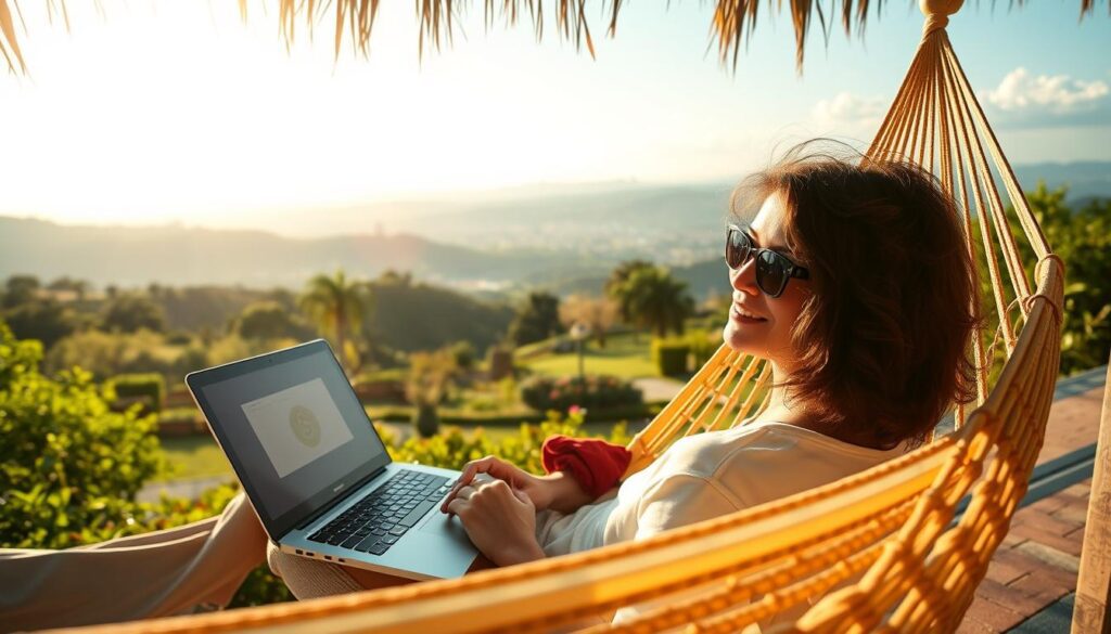 Uma cena serena e ensolarada retrata os benefícios de uma fonte de renda secundária em dólares americanos. Em primeiro plano, uma pessoa relaxa em uma rede confortável, olhando com satisfação para um laptop exibindo símbolos de moedas digitais. O plano central exibe uma vegetação exuberante e um jardim tranquilo, evocando uma sensação de equilíbrio e tranquilidade. O fundo apresenta uma paisagem pitoresca com colinas onduladas, um céu limpo e o horizonte distante de uma cidade próspera, simbolizando as oportunidades ilimitadas do trabalho remoto baseado em dólares. A iluminação é quente e natural, criando uma atmosfera relaxante e inspiradora. Capturado com uma lente grande angular para enfatizar o cenário amplo e luxuoso. Uma cena serena e ensolarada retrata os benefícios de uma fonte de renda secundária em dólares americanos. Em primeiro plano, uma pessoa relaxa em uma rede confortável, olhando com satisfação para um laptop exibindo símbolos de moedas digitais. O plano central exibe uma vegetação exuberante e um jardim tranquilo, evocando uma sensação de equilíbrio e tranquilidade. O fundo apresenta uma paisagem pitoresca com colinas onduladas, um céu limpo e o horizonte distante de uma cidade próspera, simbolizando as oportunidades ilimitadas do trabalho remoto baseado em dólares. A iluminação é quente e natural, criando uma atmosfera relaxante e inspiradora. Capturado com uma lente grande angular para enfatizar o cenário amplo e luxuoso.