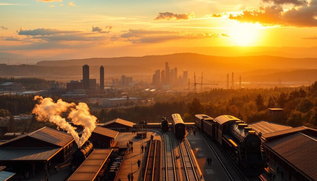 Uma cena vibrante e panorâmica dos Estados Unidos em meados do século XX. O primeiro plano apresenta uma movimentada estação ferroviária, com locomotivas a vapor e passageiros apressados. No plano central, arranha-céus e fábricas se estendem em direção ao céu, simbolizando o poder industrial do país. O fundo é dominado por uma paisagem de tirar o fôlego, com colinas ondulantes, florestas exuberantes e um pôr do sol dourado e brilhante iluminando a cena. A iluminação é quente e difusa, criando uma sensação de nostalgia e prosperidade. A composição evoca uma época de rápido avanço tecnológico, crescimento econômico e orgulho nacional – a "Era de Ouro" da história americana. Uma cena vibrante e panorâmica dos Estados Unidos em meados do século XX. O primeiro plano apresenta uma movimentada estação ferroviária, com locomotivas a vapor e passageiros apressados. No plano central, arranha-céus e fábricas se estendem em direção ao céu, simbolizando o poder industrial do país. O fundo é dominado por uma paisagem de tirar o fôlego, com colinas ondulantes, florestas exuberantes e um pôr do sol dourado e brilhante iluminando a cena. A iluminação é quente e difusa, criando uma sensação de nostalgia e prosperidade. A composição evoca uma época de rápido avanço tecnológico, crescimento econômico e orgulho nacional – a "Era de Ouro" da história americana.