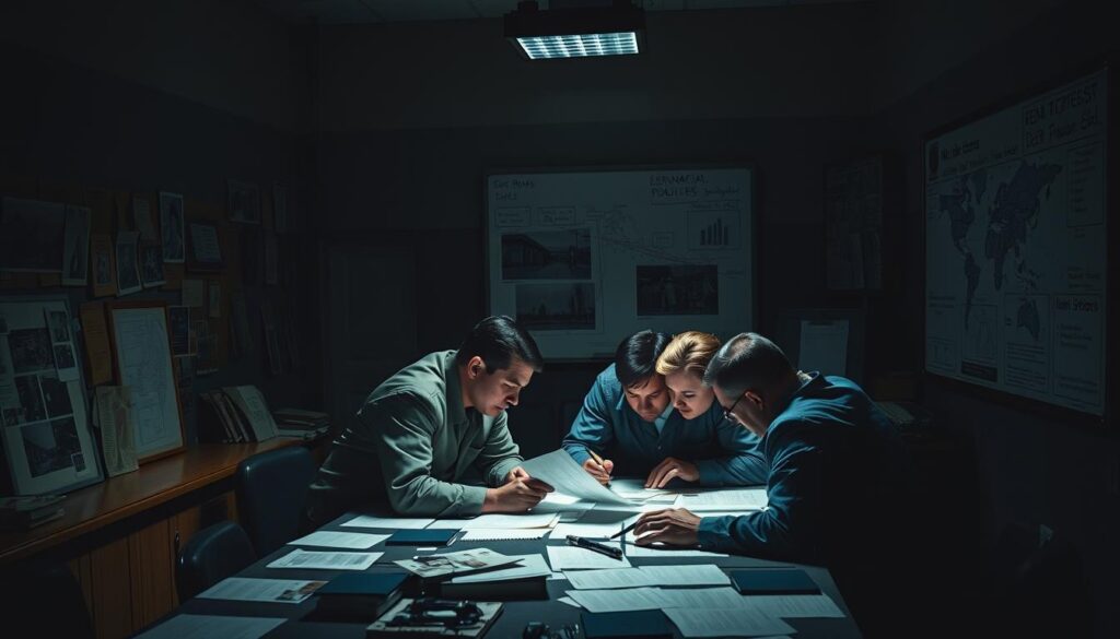 Uma delegacia de polícia mal iluminada, com paredes adornadas com quadros de cortiça e expositores de provas. Em primeiro plano, um grupo de detetives se reúne em torno de uma mesa, examinando documentos e fotos da cena do crime. A iluminação é sombria, projetando sombras nítidas que transmitem uma sensação de intensidade e urgência. Ao fundo, um grande quadro branco exibe um mapa detalhado, apontando locais relevantes para a investigação. A atmosfera é de foco e determinação, enquanto os investigadores trabalham incansavelmente para descobrir a verdade por trás da fraude financeira.
