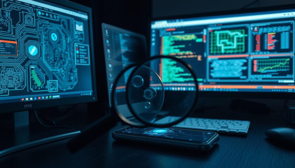 Uma estação de trabalho de perícia forense digital em um escritório com pouca iluminação, com uma lupa examinando a tela de um smartphone. A área de trabalho exibe diversas janelas de software de análise, destacando evidências digitais. Circuitos complexos e visualizações de dados criam uma atmosfera de investigação meticulosa. A cena transmite a expertise técnica e a atenção aos detalhes necessárias para descobrir rastros digitais ocultos, refletindo a gravidade do caso em questão.