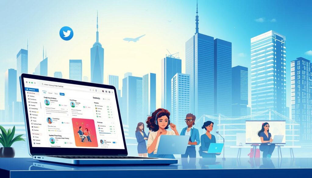 Uma ilustração digital vibrante e detalhada que apresenta diversas plataformas de trabalho remoto online e oportunidades de ganho financeiro. Em primeiro plano, um laptop exibe uma interface web elegante com listas de empregos e dados de rendimentos. No centro, um grupo diversificado de trabalhadores remotos colaborando virtualmente, com seus rostos aparecendo como avatares digitais. O fundo apresenta uma paisagem urbana moderna e minimalista com arranha-céus e infraestrutura tecnológica, transmitindo uma sensação da natureza global e interconectada desta nova era do trabalho remoto. A cena geral tem uma estética limpa e futurista, com tons de cores frios e iluminação cinematográfica sutil, evocando uma sensação de oportunidade, eficiência e a natureza sem fronteiras do ambiente de trabalho digital. Uma ilustração digital vibrante e detalhada que apresenta diversas plataformas de trabalho remoto online e oportunidades de ganho financeiro. Em primeiro plano, um laptop exibe uma interface web elegante com listas de empregos e dados de rendimentos. No centro, um grupo diversificado de trabalhadores remotos colaborando virtualmente, com seus rostos aparecendo como avatares digitais. O fundo apresenta uma paisagem urbana moderna e minimalista com arranha-céus e infraestrutura tecnológica, transmitindo uma sensação da natureza global e interconectada desta nova era do trabalho remoto. A cena geral tem uma estética limpa e futurista, com tons de cores frios e iluminação cinematográfica sutil, evocando uma sensação de oportunidade, eficiência e a natureza sem fronteiras do ambiente de trabalho digital.