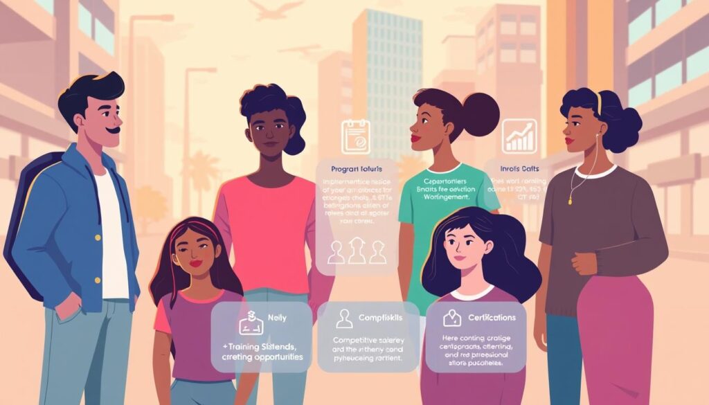 Uma ilustração moderna e vibrante que apresenta os principais benefícios de um programa de treinamento profissional. Em primeiro plano, um grupo diversificado de jovens, cada um representando um aspecto diferente do programa: educação, desenvolvimento de habilidades, oportunidades de carreira e crescimento pessoal. Apresentado em um estilo limpo e minimalista, com uma paleta de cores aconchegante e convidativa. O plano central apresenta ícones gráficos e infográficos destacando os benefícios específicos do programa, como salários competitivos, bolsas de treinamento e certificações profissionais. O fundo retrata um ambiente urbano dinâmico, sugerindo as aplicações reais das habilidades adquiridas. A composição geral transmite uma sensação de empoderamento, oportunidade e um futuro brilhante para os participantes do programa. Uma ilustração moderna e vibrante que apresenta os principais benefícios de um programa de treinamento profissional. Em primeiro plano, um grupo diversificado de jovens, cada um representando um aspecto diferente do programa: educação, desenvolvimento de habilidades, oportunidades de carreira e crescimento pessoal. Apresentado em um estilo limpo e minimalista, com uma paleta de cores aconchegante e convidativa. O plano central apresenta ícones gráficos e infográficos destacando os benefícios específicos do programa, como salários competitivos, bolsas de treinamento e certificações profissionais. O fundo retrata um ambiente urbano dinâmico, sugerindo as aplicações reais das habilidades adquiridas. A composição geral transmite uma sensação de empoderamento, oportunidade e um futuro brilhante para os participantes do programa.