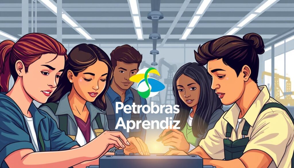 Uma ilustração vibrante e dinâmica do programa "Petrobras Jovem Aprendiz", apresentando jovens engajados em trabalho e treinamento significativos. Em primeiro plano, um grupo de aprendizes diversificados colaborando em um projeto técnico, com rostos que expressam foco e determinação. O plano central retrata o logotipo corporativo e a marca da Petrobras, enfatizando sutilmente a associação do programa com a renomada empresa de energia. O fundo apresenta um cenário industrial moderno e elegante, com as icônicas plataformas de petróleo ou equipamentos de refinaria da Petrobras visíveis, transmitindo a conexão do programa com o setor energético. A iluminação é nítida e limpa, com uma mistura de fontes naturais e artificiais, criando uma sensação de profissionalismo e progresso. O clima geral é de oportunidade, inovação e compromisso com o desenvolvimento da próxima geração de líderes do setor. Uma ilustração vibrante e dinâmica do programa "Petrobras Jovem Aprendiz", apresentando jovens engajados em trabalho e treinamento significativos. Em primeiro plano, um grupo de aprendizes diversificados colaborando em um projeto técnico, com rostos que expressam foco e determinação. O plano central retrata o logotipo corporativo e a marca da Petrobras, enfatizando sutilmente a associação do programa com a renomada empresa de energia. O fundo apresenta um cenário industrial moderno e elegante, com as icônicas plataformas de petróleo ou equipamentos de refinaria da Petrobras visíveis, transmitindo a conexão do programa com o setor energético. A iluminação é nítida e limpa, com uma mistura de fontes naturais e artificiais, criando uma sensação de profissionalismo e progresso. O clima geral é de oportunidade, inovação e compromisso com o desenvolvimento da próxima geração de líderes do setor.