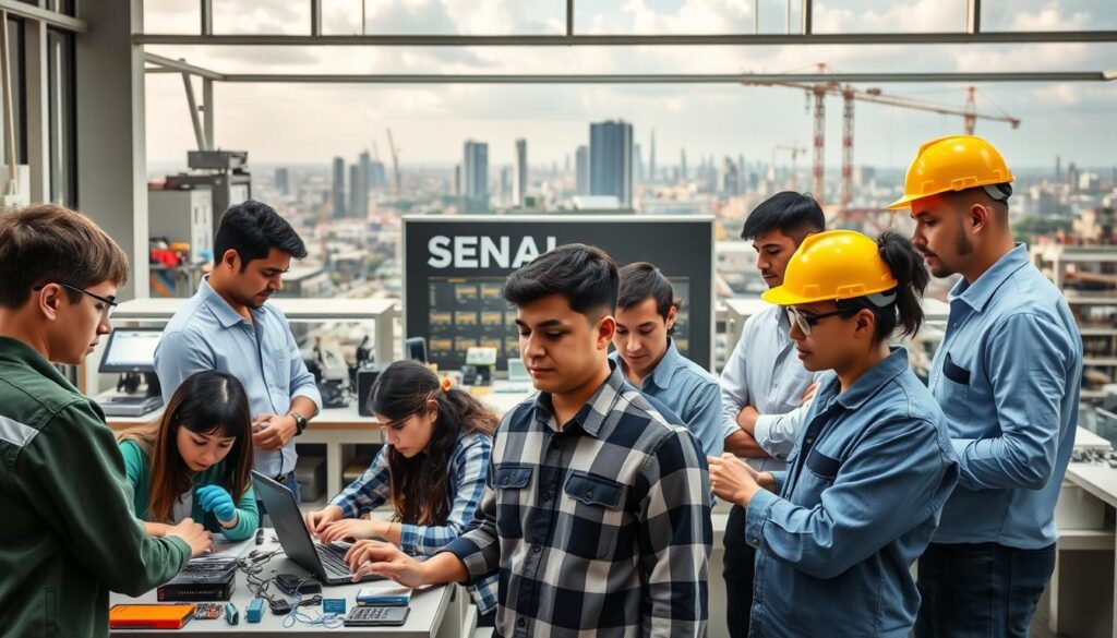 Uma imagem bem iluminada e de alta resolução mostra uma variedade de cursos técnicos oferecidos pelo SENAI (Serviço Nacional de Aprendizagem Industrial). O primeiro plano mostra alunos envolvidos em atividades práticas de aprendizagem em diversas áreas técnicas, como manufatura, eletrônica e construção civil. O plano central exibe um moderno e bem equipado centro de treinamento do SENAI, com equipamentos e laboratórios de última geração. O fundo retrata uma vibrante paisagem urbana industrializada, sugerindo as aplicações práticas das habilidades ensinadas nesses cursos técnicos. A cena geral transmite uma sensação de oportunidade, inovação e potencial de crescimento pessoal e profissional por meio dos programas abrangentes de educação técnica do SENAI. Uma imagem bem iluminada e de alta resolução mostra uma variedade de cursos técnicos oferecidos pelo SENAI (Serviço Nacional de Aprendizagem Industrial). O primeiro plano mostra alunos envolvidos em atividades práticas de aprendizagem em diversas áreas técnicas, como manufatura, eletrônica e construção civil. O plano central exibe um moderno e bem equipado centro de treinamento do SENAI, com equipamentos e laboratórios de última geração. O fundo retrata uma vibrante paisagem urbana industrializada, sugerindo as aplicações práticas das habilidades ensinadas nesses cursos técnicos. A cena geral transmite uma sensação de oportunidade, inovação e potencial de crescimento pessoal e profissional por meio dos programas abrangentes de educação técnica do SENAI.