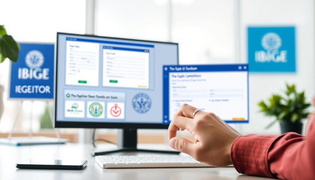 Uma imagem vibrante e informativa que descreve o processo de inscrição para o concurso público do IBGE. Em um cenário limpo e moderno, o quadro exibe uma tela de desktop com diversas janelas e formulários, representando o portal de inscrição online. Em primeiro plano, as mãos de uma pessoa navegam com confiança pela interface, preenchendo os campos necessários. O plano central apresenta a marca e as imagens relevantes do IBGE, como o logotipo e os selos oficiais, transmitindo a autoridade e o profissionalismo da instituição. O fundo se desfoca sutilmente, direcionando a atenção do observador para a ação central. A iluminação é suave e natural, criando uma sensação de clareza e foco. A atmosfera geral é de eficiência, confiabilidade e expectativa, refletindo a importância desta oportunidade para aspirantes a servidores públicos. Uma imagem vibrante e informativa que descreve o processo de inscrição para o concurso público do IBGE. Em um cenário limpo e moderno, o quadro exibe uma tela de desktop com diversas janelas e formulários, representando o portal de inscrição online. Em primeiro plano, as mãos de uma pessoa navegam com confiança pela interface, preenchendo os campos necessários. O plano central apresenta a marca e as imagens relevantes do IBGE, como o logotipo e os selos oficiais, transmitindo a autoridade e o profissionalismo da instituição. O fundo se desfoca sutilmente, direcionando a atenção do observador para a ação central. A iluminação é suave e natural, criando uma sensação de clareza e foco. A atmosfera geral é de eficiência, confiabilidade e expectativa, refletindo a importância desta oportunidade para aspirantes a servidores públicos.