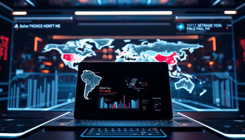 Uma interface de alta tecnologia para o yuan digital, exibindo seus recursos inovadores e alcance global. O primeiro plano apresenta um design elegante e minimalista, com linhas limpas e elementos futuristas, sugerindo a tecnologia avançada que impulsiona a moeda digital. O plano intermediário apresenta um mapa-múndi, simbolizando as ambições globais do sistema, com visualizações dinâmicas de dados e nós interconectados. O fundo transmite uma sensação de dinamismo e progresso, com sutis detalhes em neon e um leve efeito de aberração cromática, criando um cenário cativante e visualmente impressionante. O tom geral é de inovação, sofisticação e relevância internacional, refletindo a importância estratégica do yuan digital. Uma interface de alta tecnologia para o yuan digital, exibindo seus recursos inovadores e alcance global. O primeiro plano apresenta um design elegante e minimalista, com linhas limpas e elementos futuristas, sugerindo a tecnologia avançada que impulsiona a moeda digital. O plano intermediário apresenta um mapa-múndi, simbolizando as ambições globais do sistema, com visualizações dinâmicas de dados e nós interconectados. O fundo transmite uma sensação de dinamismo e progresso, com sutis detalhes em neon e um leve efeito de aberração cromática, criando um cenário cativante e visualmente impressionante. O tom geral é de inovação, sofisticação e relevância internacional, refletindo a importância estratégica do yuan digital.