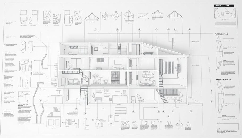 Uma planta arquitetônica detalhada de uma casa pré-fabricada, apresentando suas principais características. A imagem deve representar os elementos externos e internos da casa, incluindo a planta baixa, os componentes estruturais, os materiais de construção e os detalhes do projeto. Capture a estética limpa e moderna com uma paleta de cores neutras, iluminação suave e uma renderização fotorrealista de alta resolução. A perspectiva deve ser uma combinação de vistas aéreas, laterais e close-ups para destacar os detalhes complexos e o trabalho artesanal do projeto. Transmita uma sensação de precisão, qualidade e design cuidadoso que esteja alinhado com o tema do artigo. Uma planta arquitetônica detalhada de uma casa pré-fabricada, apresentando suas principais características. A imagem deve representar os elementos externos e internos da casa, incluindo a planta baixa, os componentes estruturais, os materiais de construção e os detalhes do projeto. Capture a estética limpa e moderna com uma paleta de cores neutras, iluminação suave e uma renderização fotorrealista de alta resolução. A perspectiva deve ser uma combinação de vistas aéreas, laterais e close-ups para destacar os detalhes complexos e o trabalho artesanal do projeto. Transmita uma sensação de precisão, qualidade e design cuidadoso que esteja alinhado com o tema do artigo.