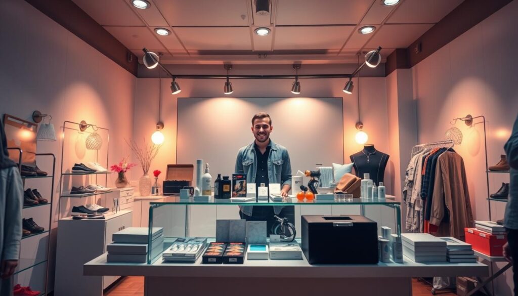 Uma transmissão ao vivo imersiva e bem iluminada para e-commerce no TikTok, com um vendedor carismático exibindo uma variedade de produtos em um balcão limpo e minimalista. O vendedor fica atrás do balcão, cercado por mercadorias bem dispostas e um cenário profissional, envolvendo os espectadores com uma postura cativante e amigável. A iluminação é aconchegante e convidativa, criando uma sensação de energia e entusiasmo. O ângulo da câmera captura a cena de uma perspectiva ligeiramente elevada, proporcionando uma visão abrangente da configuração do vendedor e transmitindo a natureza dinâmica da experiência de venda ao vivo. Uma transmissão ao vivo imersiva e bem iluminada para e-commerce no TikTok, com um vendedor carismático exibindo uma variedade de produtos em um balcão limpo e minimalista. O vendedor fica atrás do balcão, cercado por mercadorias bem dispostas e um cenário profissional, envolvendo os espectadores com uma postura cativante e amigável. A iluminação é aconchegante e convidativa, criando uma sensação de energia e entusiasmo. O ângulo da câmera captura a cena de uma perspectiva ligeiramente elevada, proporcionando uma visão abrangente da configuração do vendedor e transmitindo a natureza dinâmica da experiência de venda ao vivo.