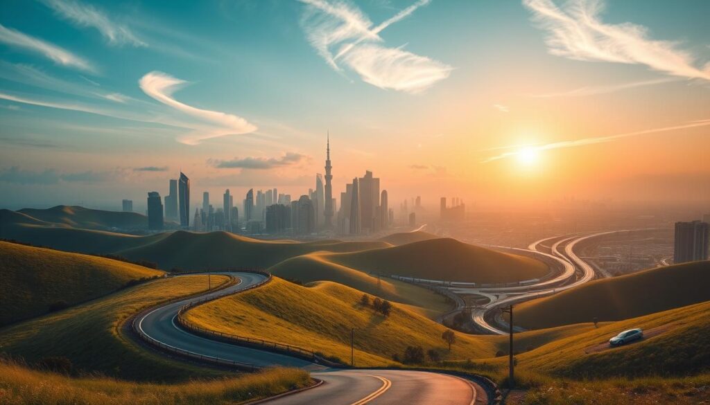 Uma vista panorâmica de uma paisagem econômica, com colinas ondulantes e um horizonte pontilhado por arranha-céus imponentes, representando o crescimento e o desenvolvimento de uma economia próspera. Em primeiro plano, uma estrada sinuosa simboliza a jornada do progresso, enquanto uma luz quente e dourada filtra-se por entre nuvens tênues, criando uma sensação de otimismo e prosperidade. O plano médio apresenta centros urbanos movimentados, com suas fachadas de vidro refletindo os raios solares, transmitindo o dinamismo e a energia de uma economia em crescimento. Ao longe, uma rede de transportes, como trens de alta velocidade e rodovias, sugere a interconexão e a infraestrutura que impulsionam essa expansão econômica. A composição geral evoca uma sensação de movimento, progresso e a evolução contínua da paisagem econômica de uma nação. Uma vista panorâmica de uma paisagem econômica, com colinas ondulantes e um horizonte pontilhado por arranha-céus imponentes, representando o crescimento e o desenvolvimento de uma economia próspera. Em primeiro plano, uma estrada sinuosa simboliza a jornada do progresso, enquanto uma luz quente e dourada filtra-se por entre nuvens tênues, criando uma sensação de otimismo e prosperidade. O plano médio apresenta centros urbanos movimentados, com suas fachadas de vidro refletindo os raios solares, transmitindo o dinamismo e a energia de uma economia em crescimento. Ao longe, uma rede de transportes, como trens de alta velocidade e rodovias, sugere a interconexão e a infraestrutura que impulsionam essa expansão econômica. A composição geral evoca uma sensação de movimento, progresso e a evolução contínua da paisagem econômica de uma nação.