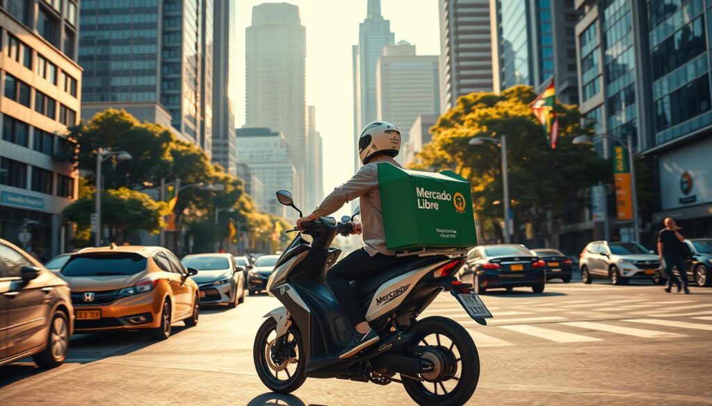A bustling urban street in the heart of a vibrant city, with a Mercado Livre delivery person navigating the busy traffic on a sleek electric motorcycle. The rider deftly weaves through the cars and pedestrians, their branded uniform and helmet signaling their role as a vital part of the e-commerce logistics network. The scene is bathed in warm, golden afternoon light, casting long shadows and creating a sense of energy and efficiency. In the background, towering skyscrapers and lush greenery create a dynamic, modern cityscape. The overall atmosphere conveys the fast-paced, on-demand nature of the delivery service and the pivotal role of the rider in the Mercado Livre ecosystem.