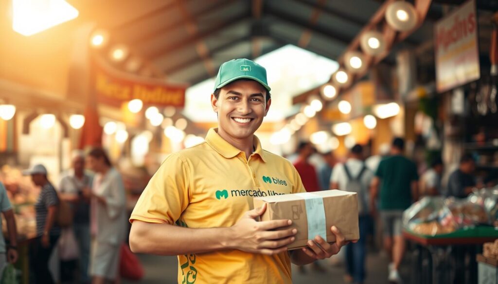 A delivery person in a Mercado Livre uniform, standing in front of a bustling outdoor market, holding a package and looking at the viewer with a confident, professional expression. The scene is bathed in warm, golden light, with the market stalls and shoppers in the background creating a dynamic, lively atmosphere. The delivery person's pose and demeanor convey a sense of pride and satisfaction in their work, hinting at the potential earnings and fulfillment that can come from being a Mercado Livre delivery person in 2025.