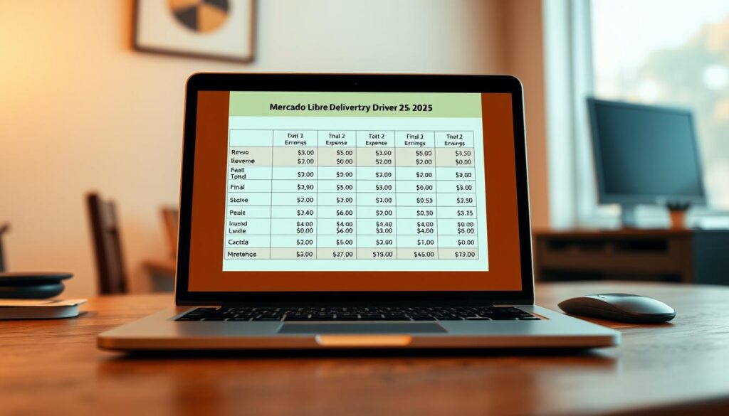 A detailed illustration of a financial calculation sheet displayed on a laptop screen, showcasing the daily net earnings breakdown for a Mercado Livre delivery driver in 2025. The foreground features a neatly organized spreadsheet with columns for revenue, expenses, and final net earnings, presented in a clean, minimalist style. The middle ground shows the laptop, positioned on a wooden desk with a simple office setup, bathed in warm, diffused lighting. The background subtly blurs, emphasizing the focus on the financial analysis at hand. The overall mood is professional, informative, and visually appealing, reflecting the subject matter of the article's "Cálculo da Diária Líquida" section.