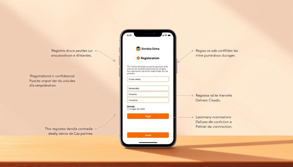 A detailed step-by-step illustration of the registration process for the Mercado Envios Extra app, with a clean and professional design. The image depicts a smartphone screen displaying the app interface, showcasing various menu options and input fields for the user to navigate through the registration workflow. The scene is illuminated by a warm, natural lighting, creating a welcoming and user-friendly atmosphere. The overall composition emphasizes simplicity and ease of use, reflecting the streamlined nature of the registration process. The image should convey a sense of efficiency and confidence in the app's capabilities to help users become successful delivery partners.