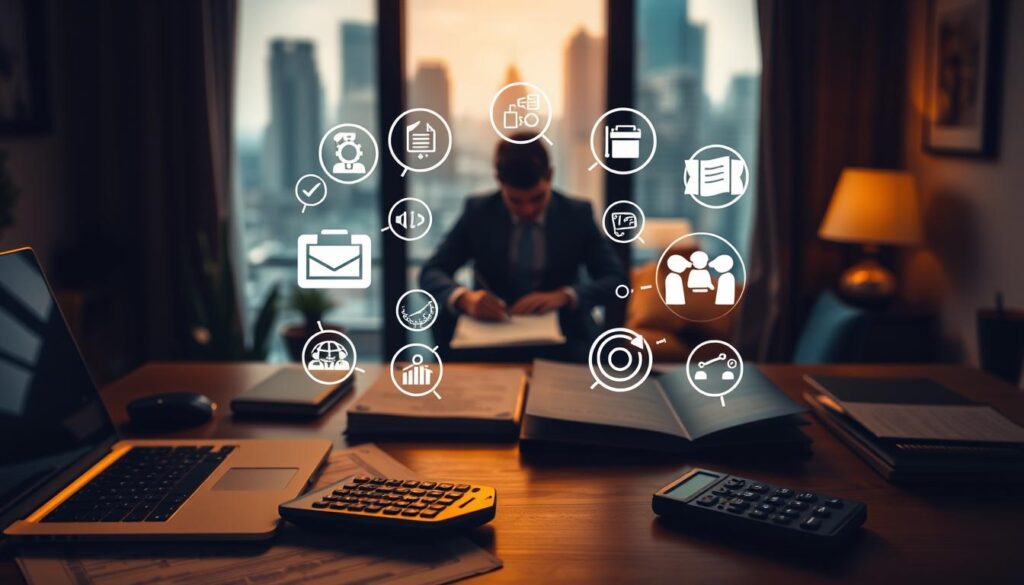 A dimly lit home office with a laptop, legal documents, and a calculator on a wooden desk. In the middle ground, a person in a suit signing paperwork, surrounded by icons representing key freelance skills like coding, design, and marketing. The background features a blurred cityscape, conveying the bustling freelance market. Warm lighting casts a cozy, professional atmosphere, emphasizing the challenges and legalities of navigating the freelance landscape in the modern economy.