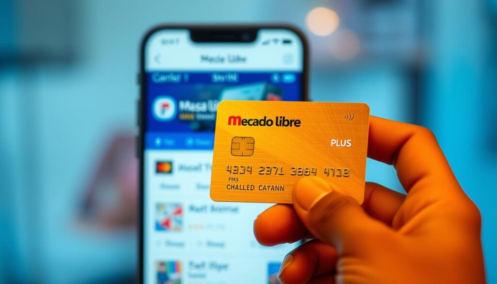 A high-resolution, photorealistic image of a Mercado Libre Plus credit card being held in a hand against a blurred background of a smartphone screen displaying the Mercado Libre app interface. The card should be the focal point, with a warm, inviting lighting that highlights its metallic sheen and sleek design. The app interface should be subtly visible in the background, suggesting the integration between the card and the Meli Plus program. The overall composition should convey a sense of financial empowerment, convenience, and the benefits of the Meli Plus cashback rewards system.