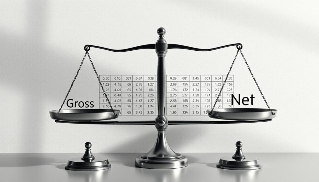 A meticulously crafted financial diagram depicting the concepts of "gross earnings" and "net profit". In the foreground, a set of elegant balance scales, the left pan representing "gross earnings" and the right pan showcasing "net profit", both rendered in a sophisticated monochrome palette. The middle ground features a sophisticated grid of numerical data, conveying financial insights with precision. The background is a minimalist, subtly textured canvas, allowing the central elements to take center stage and command attention. Soft, directional lighting casts subtle shadows, lending depth and dimensionality to the composition. The overall aesthetic is clean, modern, and professional, seamlessly blending form and function to visually communicate the key financial principles.