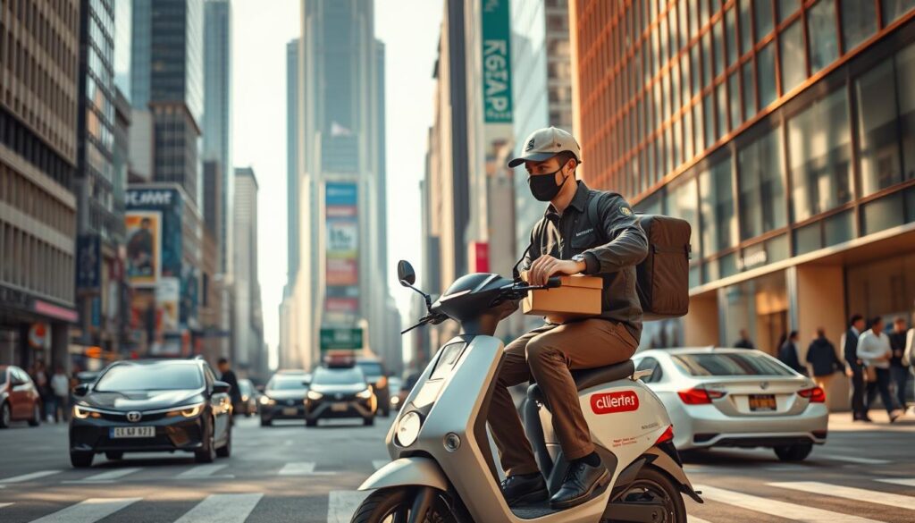 A mid-day urban scene, an independent delivery person navigating the bustling streets of a vibrant city. Dressed in a practical uniform, they expertly maneuver a compact electric delivery vehicle, weaving through traffic with nimble precision. The delivery person's face is obscured, their focus solely on the task at hand - efficiently transporting packages to their final destinations. The background is a rich tapestry of towering high-rises, bustling pedestrians, and the occasional passing car, conveying the energy and dynamism of the city. Warm, natural lighting bathes the scene, creating a sense of vibrancy and movement. The overall mood is one of diligence, professionalism, and the vital role these delivery workers play in our modern, on-demand economy.