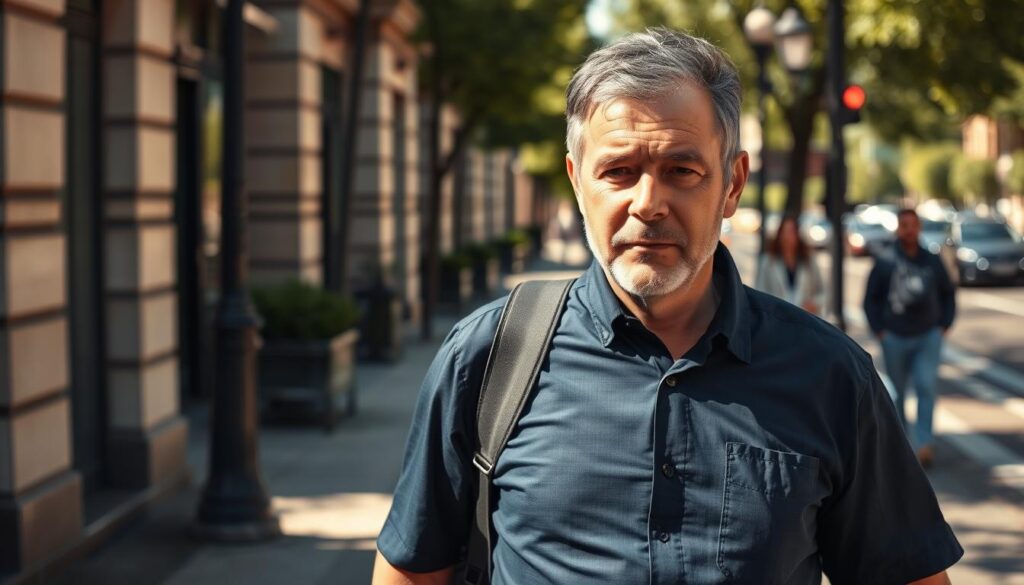 A middle-aged male delivery courier in a navy blue uniform, with a backpack slung over his shoulder, walks down a sun-dappled urban sidewalk. His expression is one of slight fatigue, suggesting the unseen burdens of his work. The scene has a sense of realism, with subtle details like the cracked pavement, a nearby streetlamp, and a few pedestrians visible in the background. The lighting is natural, with warm tones and soft shadows, creating a contemplative atmosphere. The overall composition draws the viewer's attention to the courier, highlighting his role as the central figure in this hidden cost-focused narrative.
