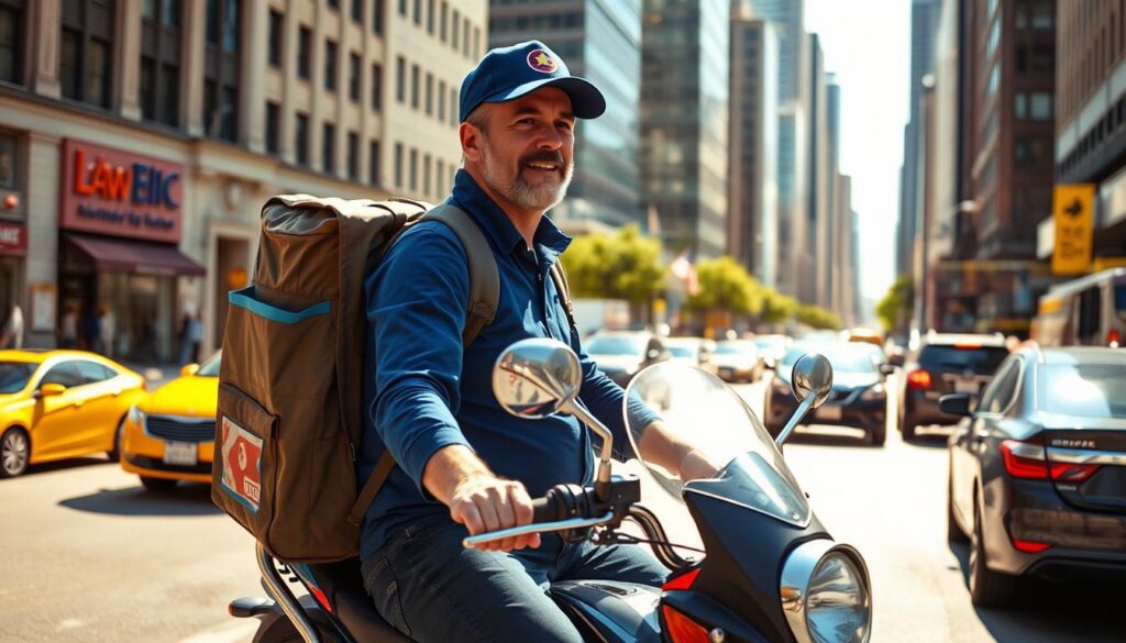 A middle-aged man in a blue uniform and hat, carrying a large backpack, is riding a motorcycle down a busy city street. The sun is shining brightly, casting warm lighting across the scene. The man has a focused expression as he navigates through the traffic, weaving between cars and pedestrians. In the background, we see tall buildings, storefronts, and other elements of the urban landscape, suggesting a bustling metropolitan area. The image conveys the energy and hustle of a professional delivery person working for a popular online marketplace, capturing the reality of the job's demands and challenges.