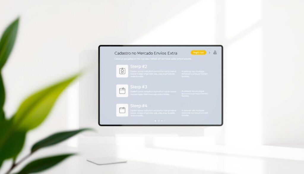 A modern, clean, and well-organized user interface showcasing the "Cadastro no Mercado Envios Extra" process. A centered window displays the step-by-step instructions, with clear icons and minimal text. The background is a soft, neutral tone, allowing the UI to take center stage. Subtle gradients and gentle shadows add depth and dimensionality to the scene. The overall composition is balanced and inviting, guiding the viewer through the registration workflow. Lighting is natural and diffused, creating a warm and professional atmosphere.