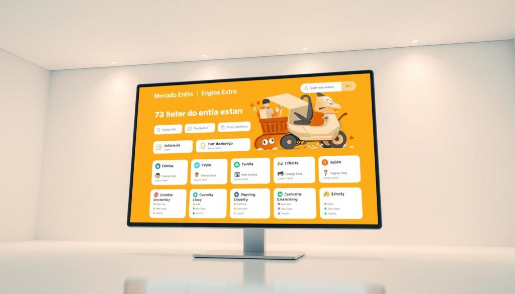 A modern logistics platform with a sleek, minimalist design. The Mercado Envios Extra service is prominently displayed on a large, high-resolution screen, showcasing its array of delivery options and tracking features. The background is a clean, white space, allowing the platform's interface to take center stage. Warm, directional lighting illuminates the screen, creating a sense of professionalism and efficiency. The overall atmosphere conveys a streamlined, user-friendly experience for the online shopping and delivery process.