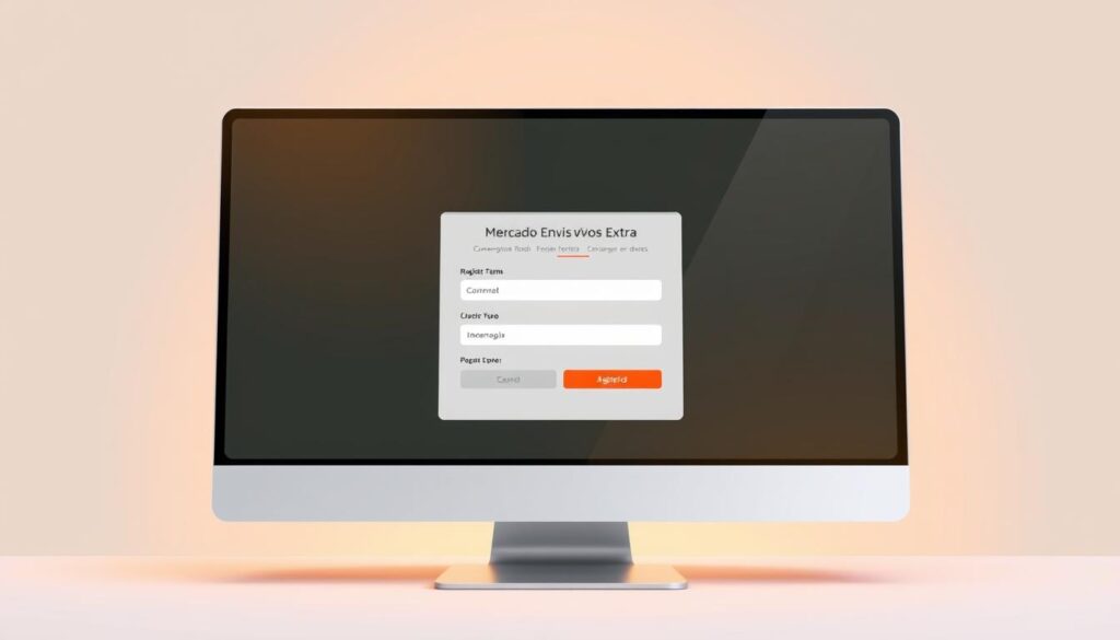 A modern, minimalist illustration of the "Mercado Envios Extra" registration process. A desktop computer screen displays a clean, well-organized web form against a soft, neutral background. Warm, directional lighting creates a sense of professionalism and focus. The form fields are clear and intuitive, with simple icons and placeholders guiding the user. A subtle grid system organizes the layout, leading the eye through the steps. The overall tone is calm, efficient, and confidence-inspiring, reflecting the ease of the registration experience.