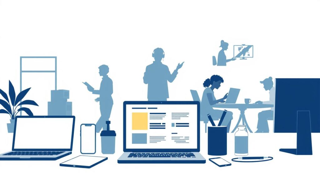 A modern, minimalist illustration showcasing the main remote work roles available on the Mercado Livre platform. In the foreground, a clean, geometric composition features a variety of digital devices and work tools, including a laptop, tablet, smartphone, and office supplies. The middle ground depicts silhouettes of remote professionals engaged in various tasks, such as writing, coding, and video conferencing. The background is a simple, gradient-based environment with subtle textures, conveying a sense of productivity and focus. The overall mood is one of efficiency, collaboration, and the flexibility of remote work on the Mercado Livre marketplace.