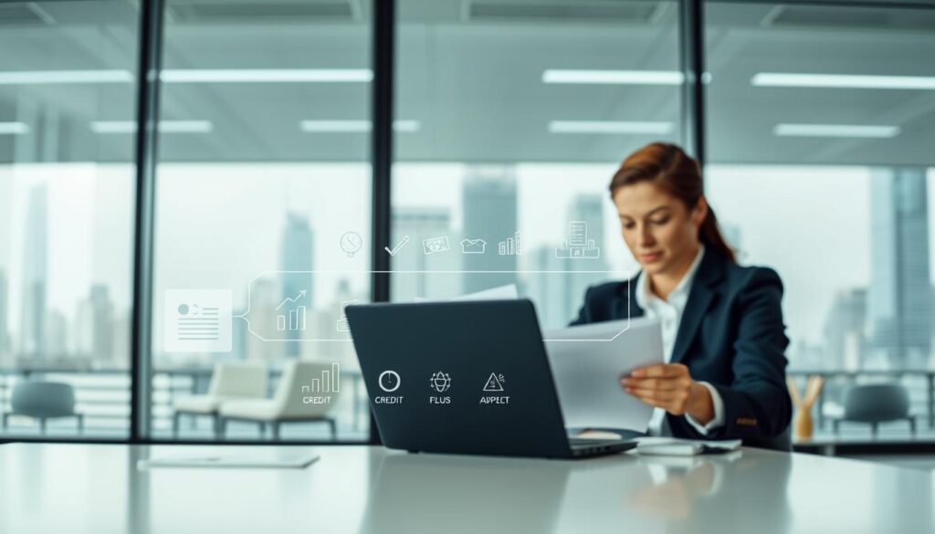 A modern office interior with a clean, minimalist aesthetic. In the foreground, a person is seated at a desk, reviewing credit card application documents and files on a laptop. The middle ground features a stylized visual representation of the credit approval process, with data visualizations, graphs, and icons illustrating the key steps. The background showcases a city skyline visible through large windows, creating a sense of urban professionalism. The lighting is soft and diffused, creating a calm, focused atmosphere. The overall scene conveys the efficient, analytical nature of the credit card approval process.