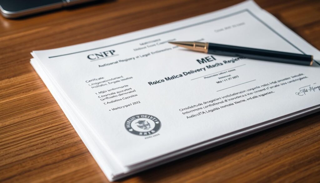 A neatly organized stack of official-looking documents, including a CNPJ (National Registry of Legal Entities) certificate and a MEI (Individual Microentrepreneur) registration, resting on a wooden desk. Soft, directional lighting illuminates the papers, highlighting the text and official seals. The composition is clean and professional, conveying the importance and legality of these required documents for a delivery service business. The overall mood is one of compliance and business formality.