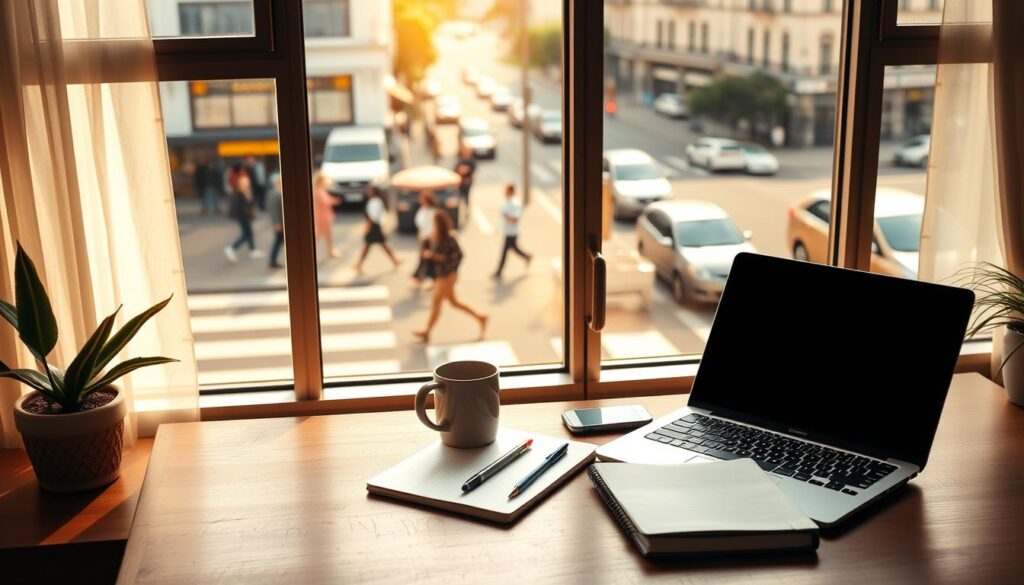 A serene home office with a laptop, notebook, and coffee mug on a tidy wooden desk. In the background, a large window overlooks a bustling city street, with people walking and cars passing by. Warm, natural lighting filters in, creating a cozy and productive atmosphere. The image conveys the ease and flexibility of working remotely, capturing the essence of finding remote work opportunities on Mercado Livre.