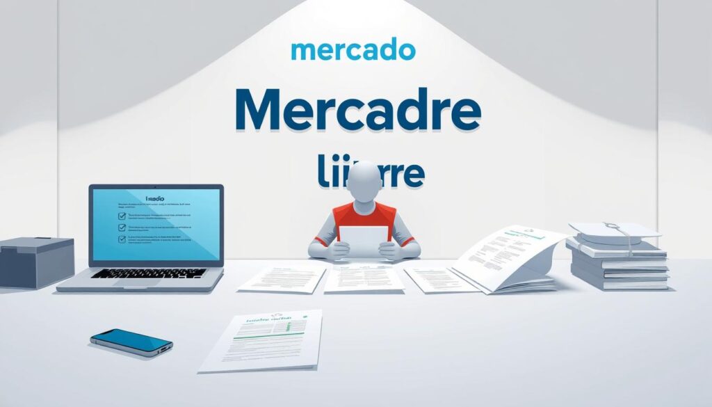 A well-lit, meticulously detailed illustration depicting the key requirements and registration process for becoming a Mercado Libre delivery driver. A clean, professional-looking desk in the foreground features a laptop, smartphone, and various documents outlining the necessary steps. In the middle ground, a figure sits at the desk, diligently filling out forms. The background showcases the Mercado Libre logo and branded materials, conveying the official nature of the process. The overall scene has a polished, organized aesthetic, reflecting the precision and care required to join the Mercado Libre delivery network.