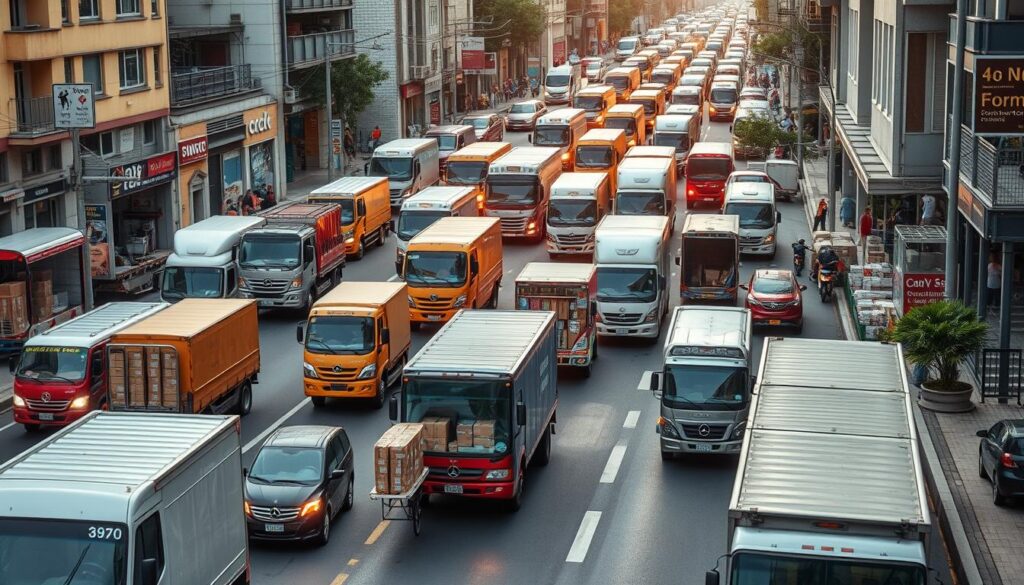 Bustling city streets, delivery vehicles navigating the urban landscape, packages carefully loaded and unloaded. Streamlined logistics systems orchestrate the intricate dance of "rotas de entrega" (delivery routes), optimizing efficiency and timeliness. Drivers expertly maneuver through winding alleys, making strategic stops to collect and distribute goods. Warehouses hum with activity, packages meticulously sorted and prepared for their final destinations. Satellite imagery and GPS tracking systems guide the flow of deliveries, ensuring seamless coordination. Amidst the organized chaos, a sense of purpose and urgency permeates the scene, as the modern logistics network powers the rapid delivery of goods to consumers.