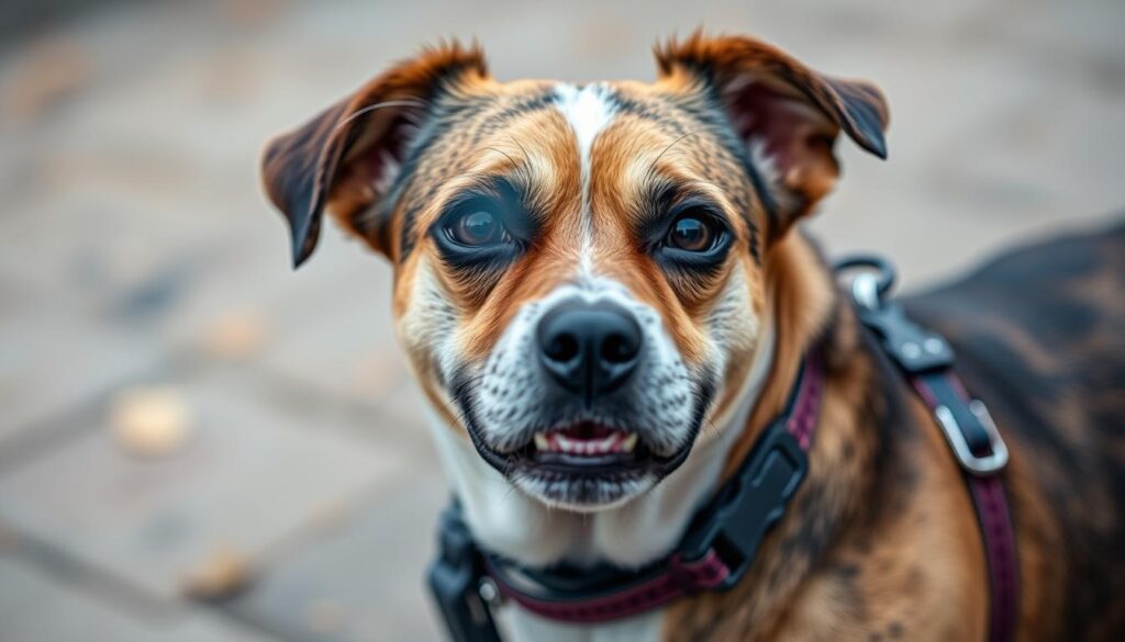 Imagem de um cachorro com um acessório tecnológico