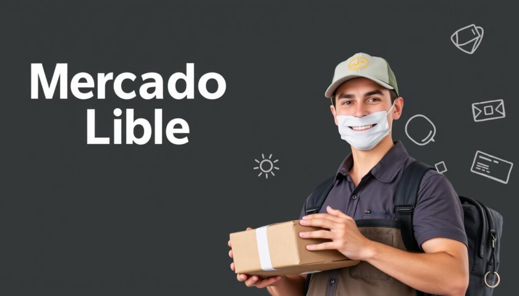 Imagem de um entregador com um pacote, com um fundo representando o Mercado Livre.
