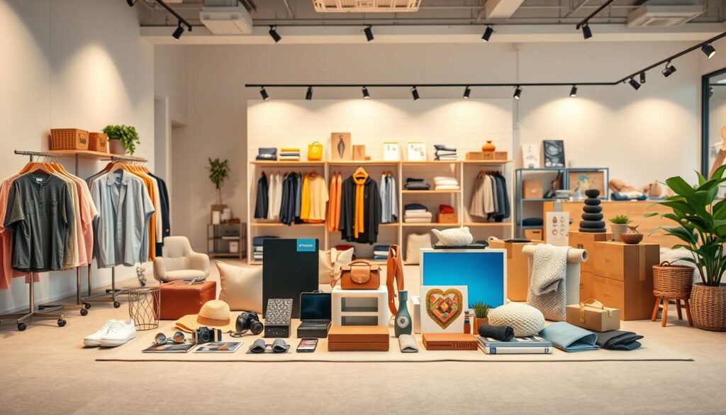  Uma cena fotográfica bem iluminada e com aparência profissional, retratando uma seleção de diversos produtos de um fornecedor nacional brasileiro. O primeiro plano apresenta vários bens de consumo de alta qualidade, cuidadosamente dispostos, como roupas, eletrônicos e itens de decoração para casa, dispostos em um fundo limpo e de cor neutra. O meio do cenário mostra uma disposição moderna e minimalista dos produtos, com linhas simples e iluminação cuidadosa, sugerindo um processo de curadoria bem pensado. O fundo apresenta um ambiente de escritório ou showroom ligeiramente desfocado e organizado, sugerindo um ecossistema empresarial mais amplo. A atmosfera geral transmite um ar de profissionalismo, qualidade e atenção aos detalhes, refletindo o cuidado e a deliberação envolvidos na seleção do fornecedor nacional certo.