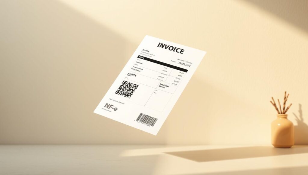 Uma nota fiscal eletrônica moderna e sofisticada flutuando em um espaço de trabalho limpo e minimalista. O documento NF-e (Nota Fiscal Eletrônica) é apresentado em um estilo elegante e minimalista, com um código QR proeminente e detalhes essenciais, como o número do CNPJ (Cadastro Nacional de Pessoas Jurídicas). A cena é banhada por uma iluminação direcional e acolhedora, criando uma sensação de profissionalismo e legalidade. O fundo apresenta texturas e gradientes sutis, enfatizando a importância e a natureza obrigatória da nota fiscal eletrônica para as vendas do Mercado Livre. A composição geral transmite uma sensação de conformidade, transparência e transformação digital do comércio brasileiro.